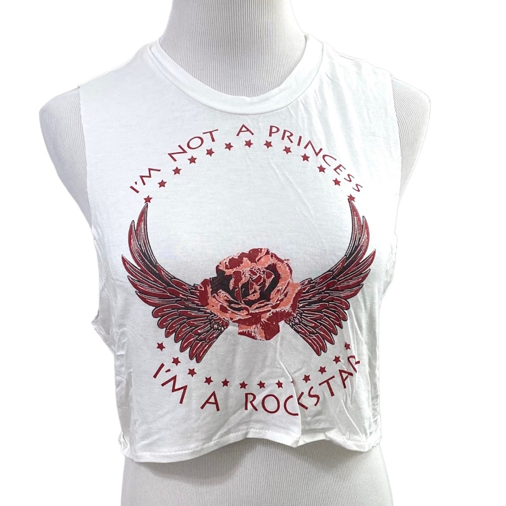White I'M NOT A PRINCESS I AM A ROCKSTAR Rose Wings Graphic Cropped Muscle Tank